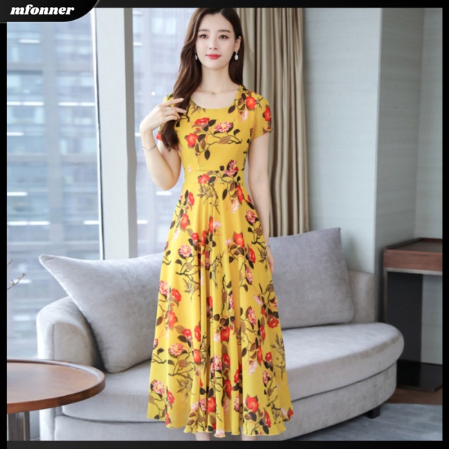 Đầm Tay NgắN Cổ TròN In Hoa ThờI Trang Cho Nữ