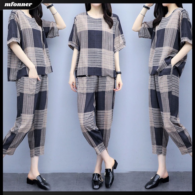 Set Đồ Mùa Hè 2 Món Gồm Áo Thun Tay Cộc + Quần Dài Thẳng Kẻ Sọc Cho Nữ