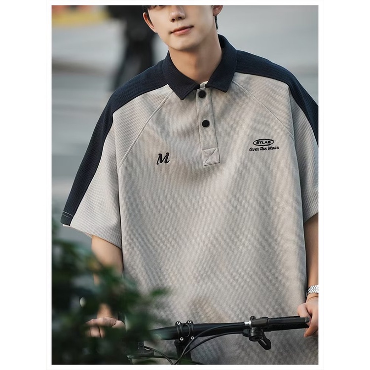 Áo polo Tay Ngắn Dáng Rộng Phối Màu Tương Phản Thời Trang Mùa Hè Phong Cách Mỹ Cho Nam