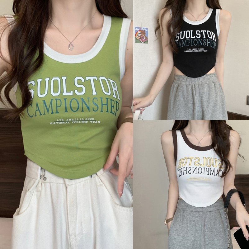 Áo Croptop Sát Nách Dáng Ôm In Chữ Phối Khối Màu Phong Cách Harajuku Thời Trang Mùa Hè Cho Nữ