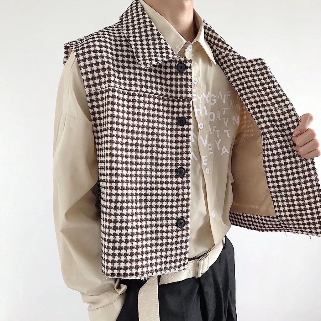 Áo Khoác Sát Nách Dáng Rộng In Họa Tiết Houndstooth Cá Tính Cho Nam