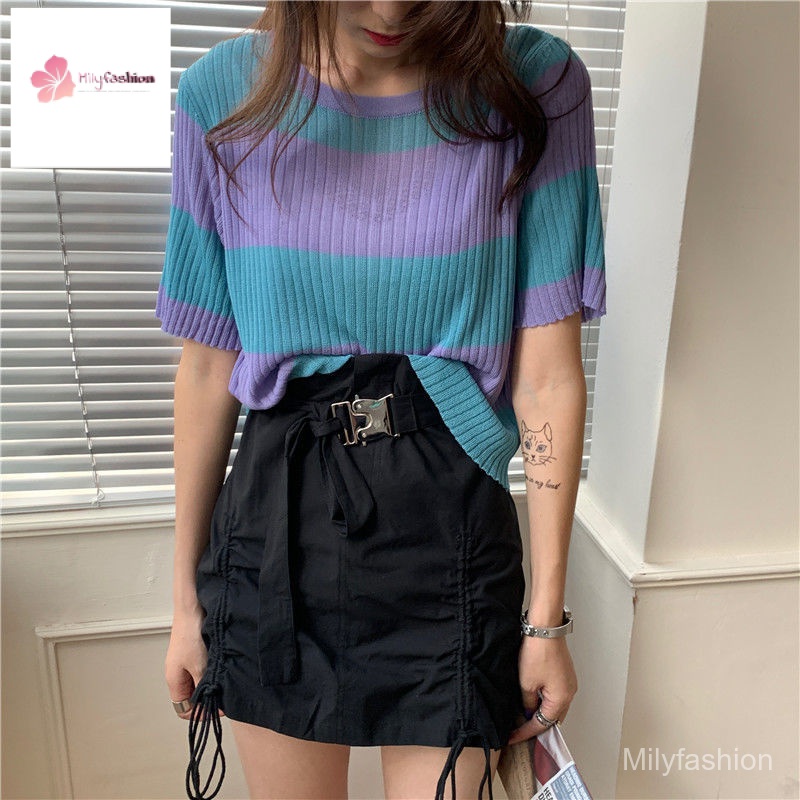 Áo Dệt Kim Ngắn Tay Họa Tiết Kẻ Sọc Màu Tương Phản Thời Trang Cho Nữ