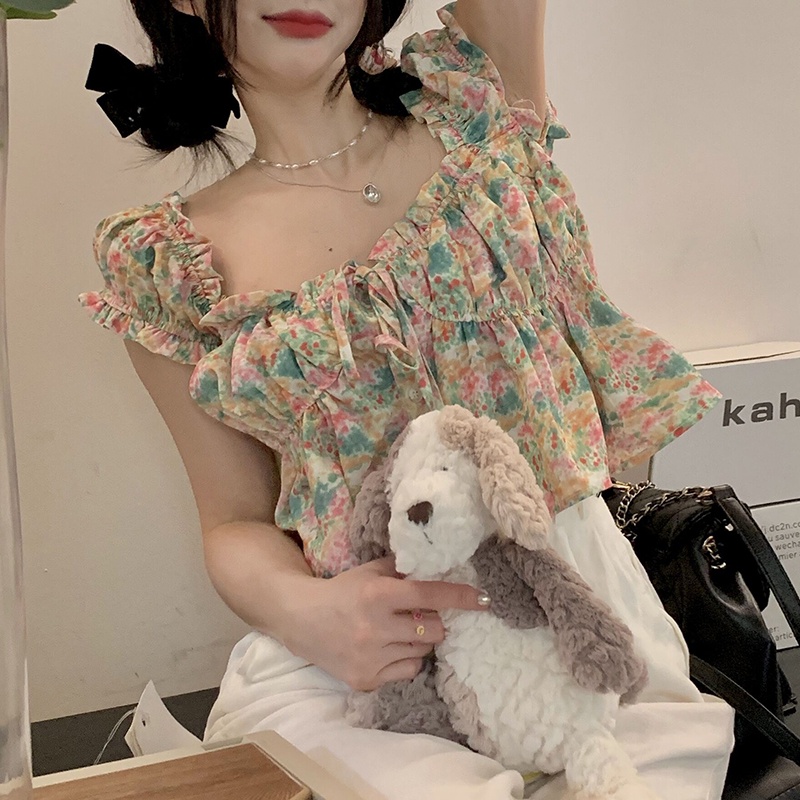 IELGY   Áo Kiểu Cổ Vuông Tay Phồng In Họa Tiết Hoa Xinh Xắn Thời Trang Cho Nữ