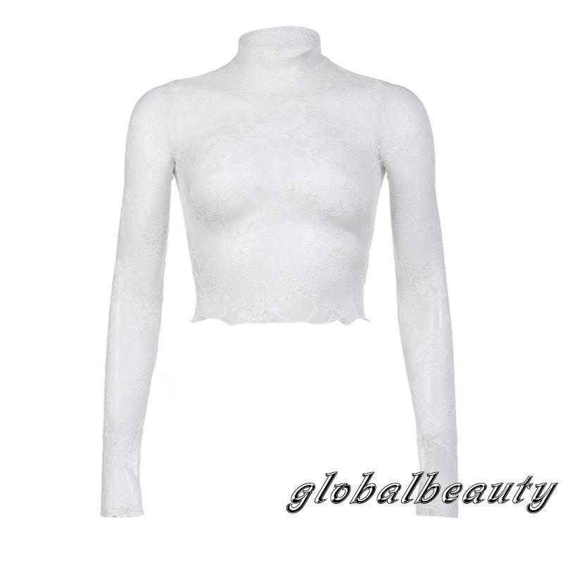 Áo Thun Dài Tay Cổ Cao Phối Ren Hoa Xuyên Thấu Gợi Cảm Cho Nữ