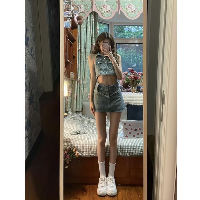 Set Áo denim Sát Nách Và Chân Váy Lưng Cao Phong Cách Retro Dành Cho Nữ