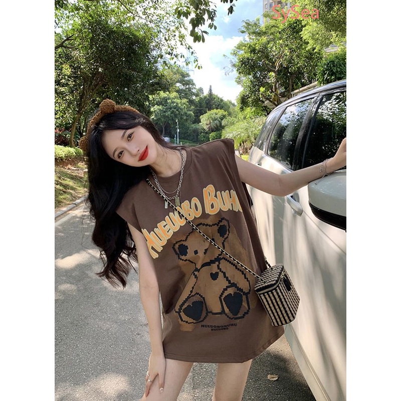 Áo Hai Dây Dáng Rộng Họa Tiết Gấu Hoạt Hình Thời Trang Mùa Hè