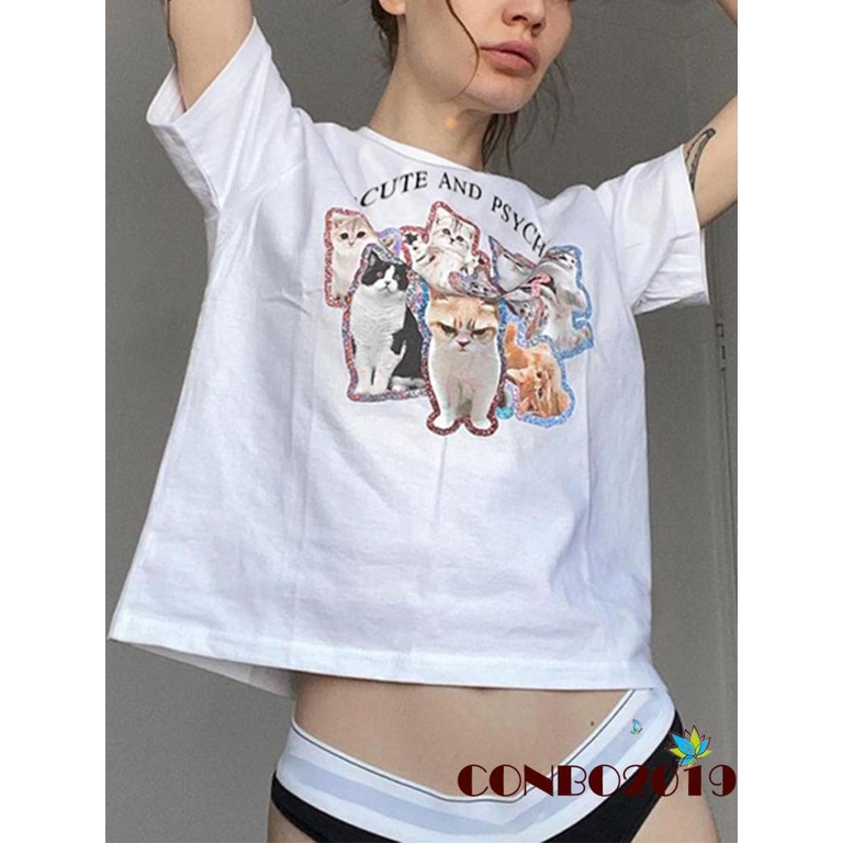 Áo Thun Crop Top Tay Ngắn Cổ Tròn In Hình Mèo Và Chữ Thời Trang Mùa Hè Cho Nữ
