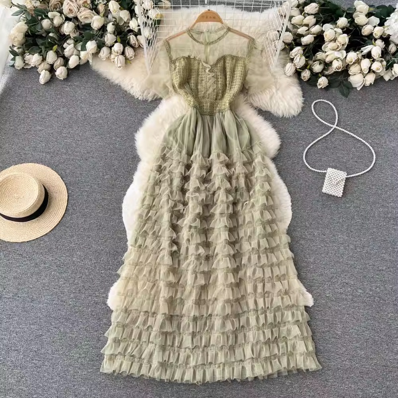 Đầm Voan Tay Ngắn Phối Ren Lưới Xếp Ly Lưng Cao Thời Trang Mùa Hè Quyến Rũ Cho Nữ