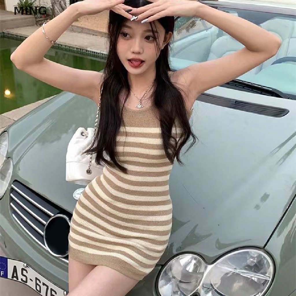 Đầm Dệt Kim Hai Dây Cổ Chữ V Họa Tiết Kẻ Sọc Gợi Cảm Cho Nữ