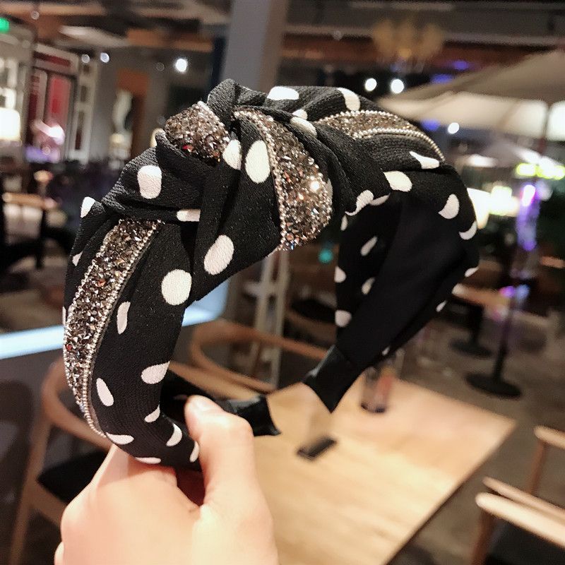 Băng Đô Cài Tóc Bản Rộng Họa Tiết Chấm Bi Đính Kim Cương Giả Dễ Phối Đồ Rửa Mặt Cho Nữ
