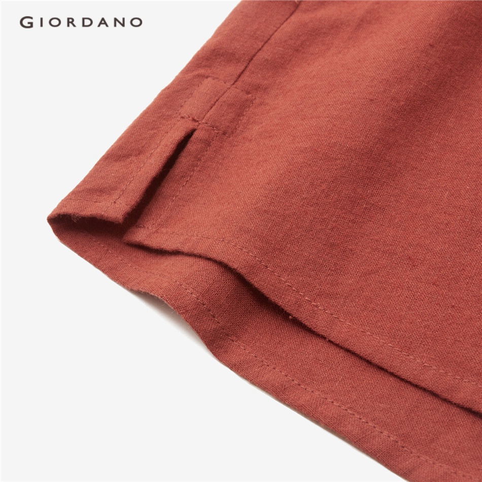 Áo sơ mi GIORDANO 13343310 cotton linen thiên nhiên dệt thoi mỏng tay phồng cổ Peter Pan cho nữ