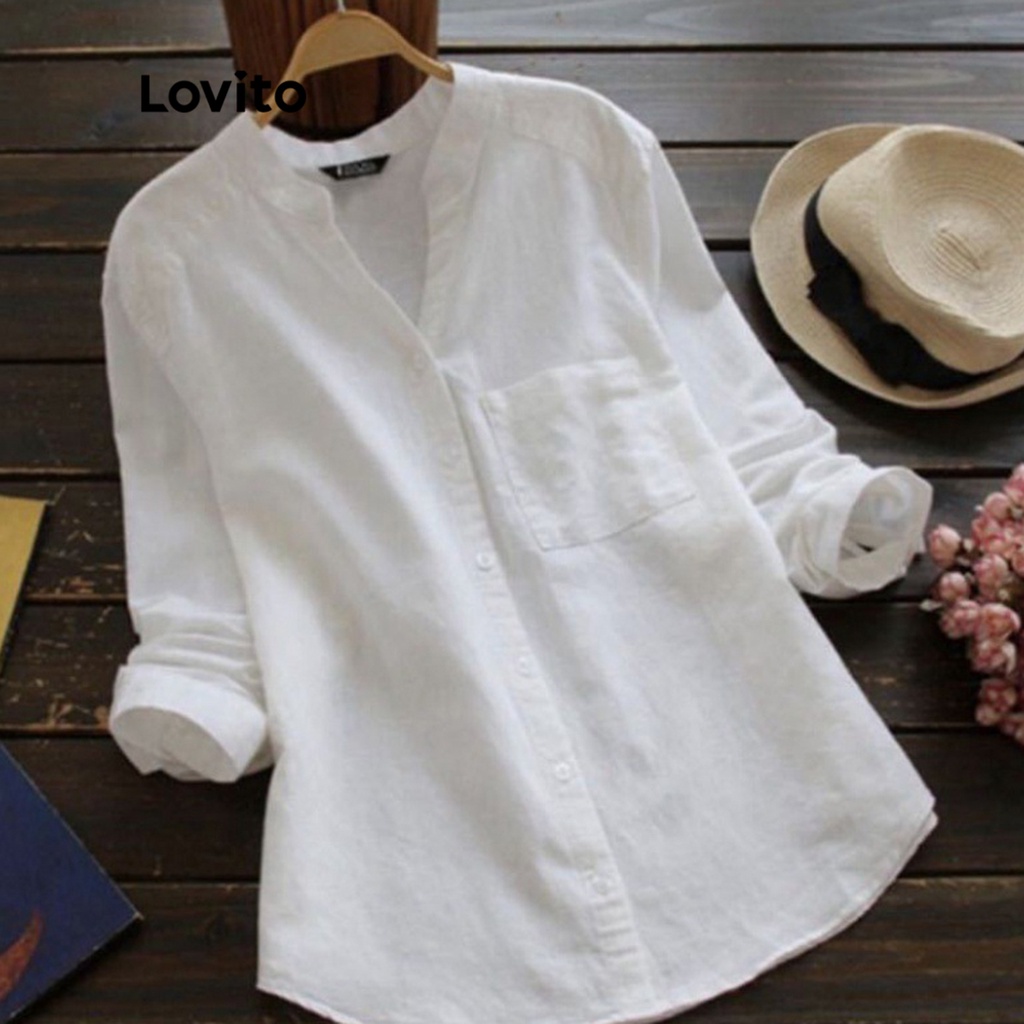 Áo LOVITO tay dài cổ chữ V có túi và nút cài màu trơn thường ngày dành cho nữ LEX01059 (màu trắng)