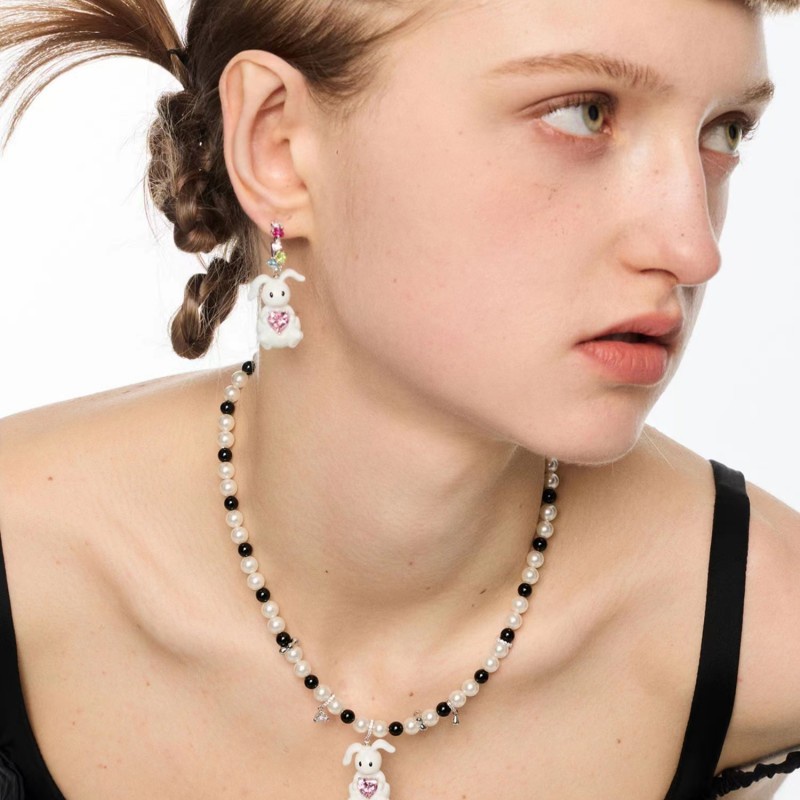 Khuyên Tai Tráng Men Hình Thỏ Trái Tim Đính Đá Zircon Độc Đáo Thời Trang