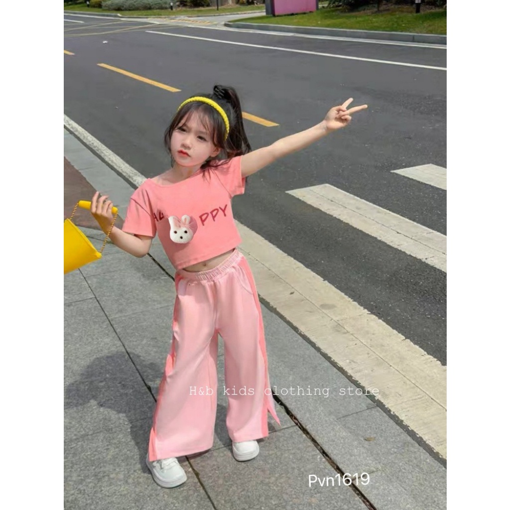 Set áo thỏ hồng Happy quần dài xuông cho bé gái