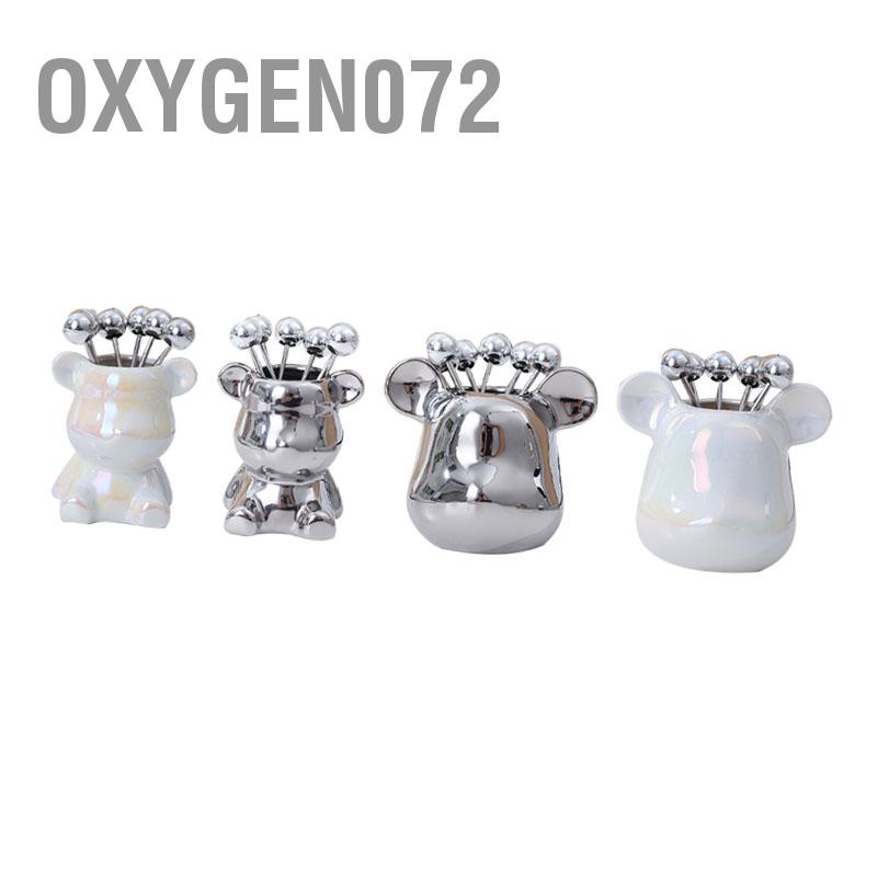 Oxygen072 Giá đỡ nĩa trái cây Bình lưu trữ hình động vật dễ thương gốm Jar với 6 bằng thép không gỉ cho nhà bếp gia đình