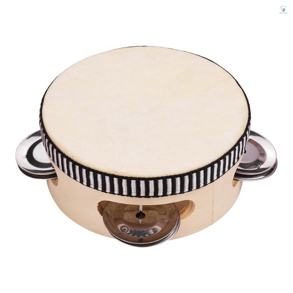 Trống Tambourine Da Cừu Một Hàng 4 Inch Tay Cầm Bằng Gỗ Và Kim Loại Giải Trí Cho Người Lớn Và Trẻ Em