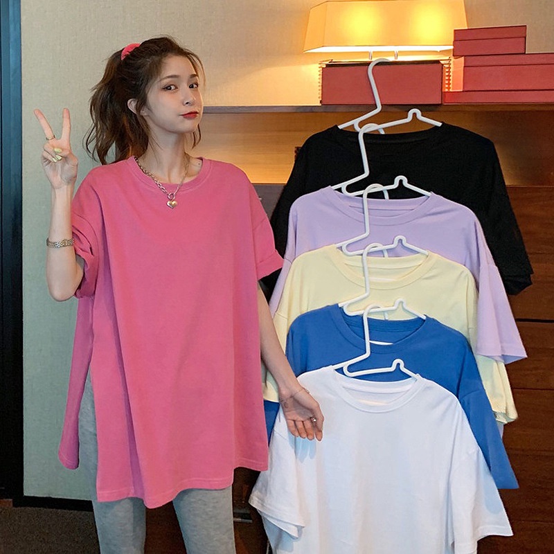 Áo Thun cotton Tay Ngắn Màu Trơn Xẻ Tà Phong Cách Hàn Quốc Thời Trang Mùa Hè Mới Cho Nữ