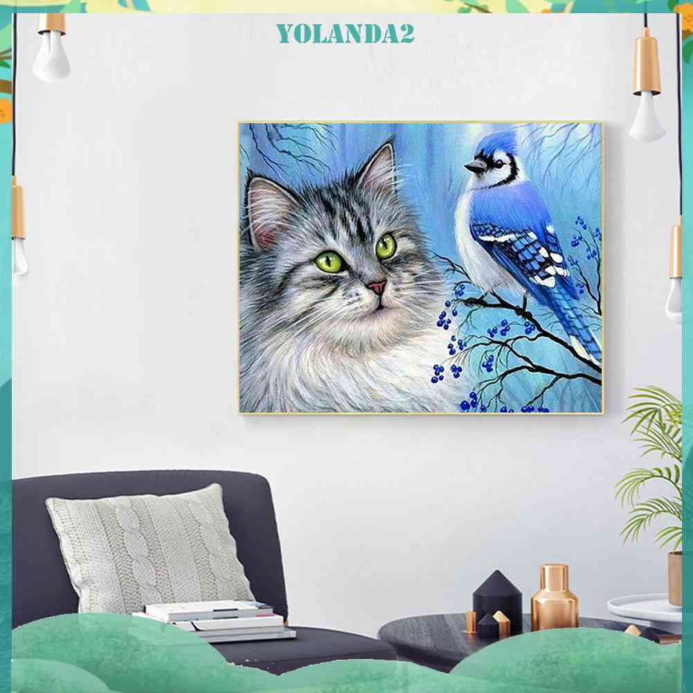 Bộ Tranh Đính Đá Toàn Diện Họa Tiết Mèo Và Chim Độc Đáo Trang Trí Nhà Cửa