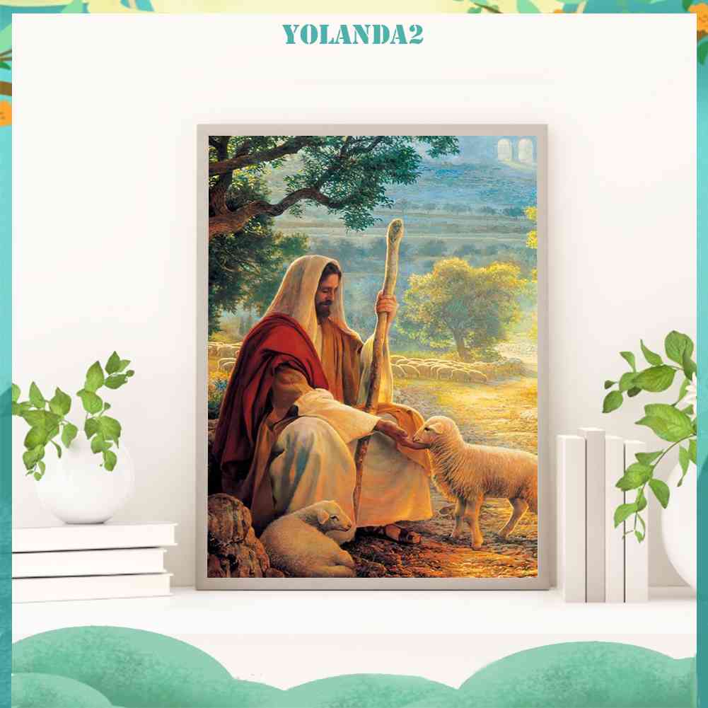 Tranh Đính Đá Kim Cương Toàn Bộ 5D DIY Hình Chúa Jesus Và Cừu