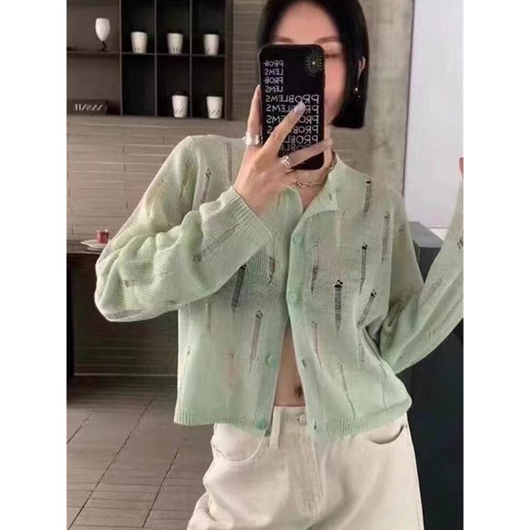 Áo Khoác Cardigan Dệt Kim Tay Dài Chống Nắng Thiết Kế Đục Lỗ Thời Trang Mùa Hè
