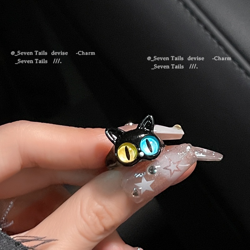 Nhẫn Hở Hình Mèo Mắt To Màu Đen Dễ Thương Có Thể Điều Chỉnh