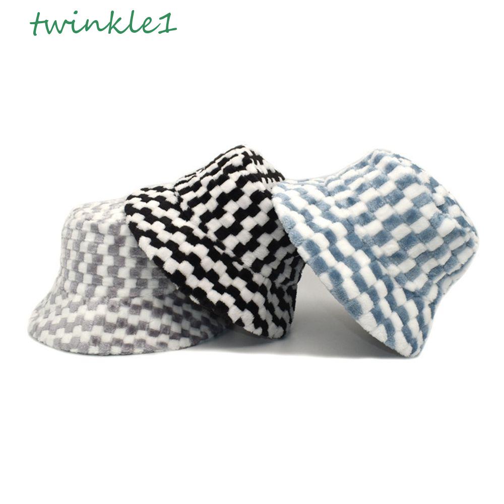 Mũ Bucket Len Cừu Họa Tiết Sọc Caro Phong Cách Thời Trang Thu Đông Cho Nữ