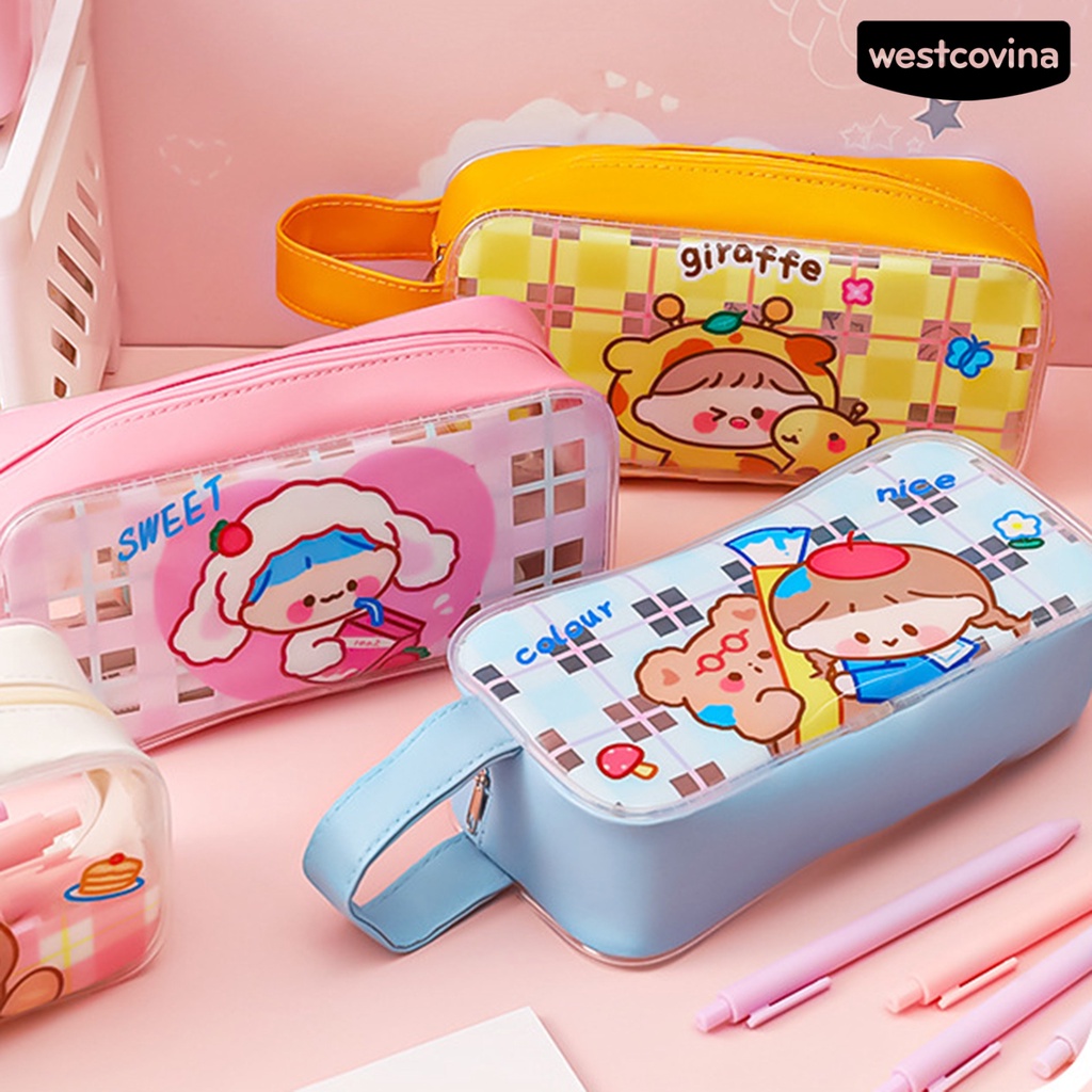 [COD]♪Túi Đựng Bút Trong Suốt Chống Thấm Nước Sức Chứa Lớn Có Dây Khóa Kéo In Họa Tiết Hoạt Hình
