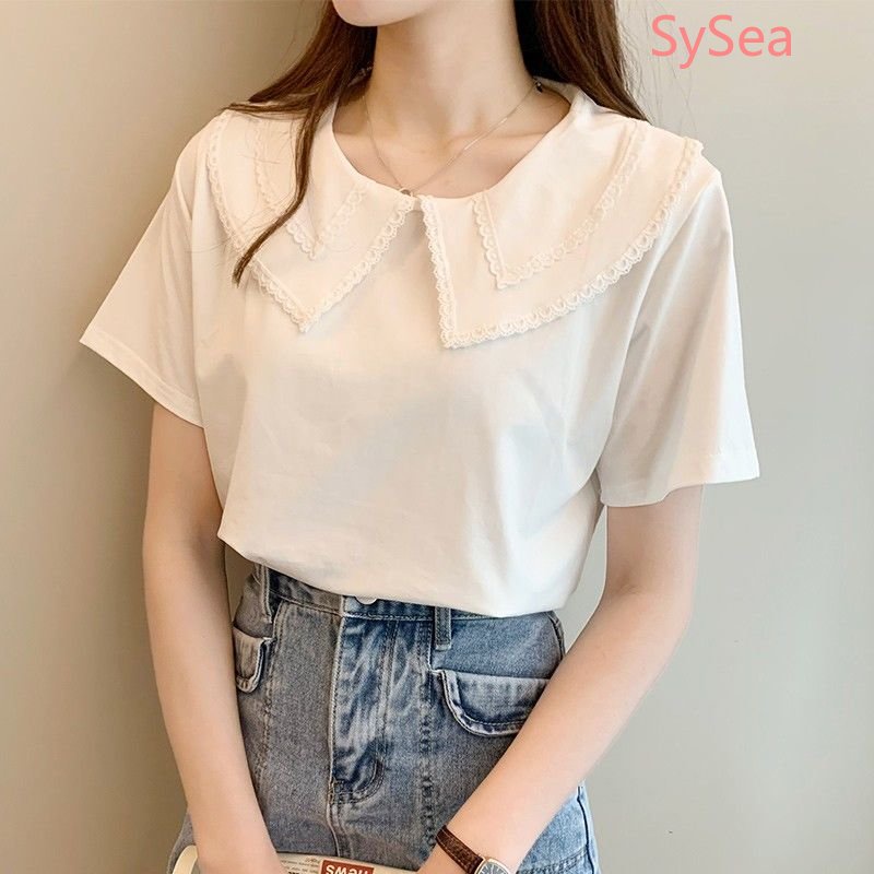 Áo Sơ Mi Ngắn Tay Dáng Rộng Phối Ren Phong Cách Hàn Quốc Dành Cho Nữ