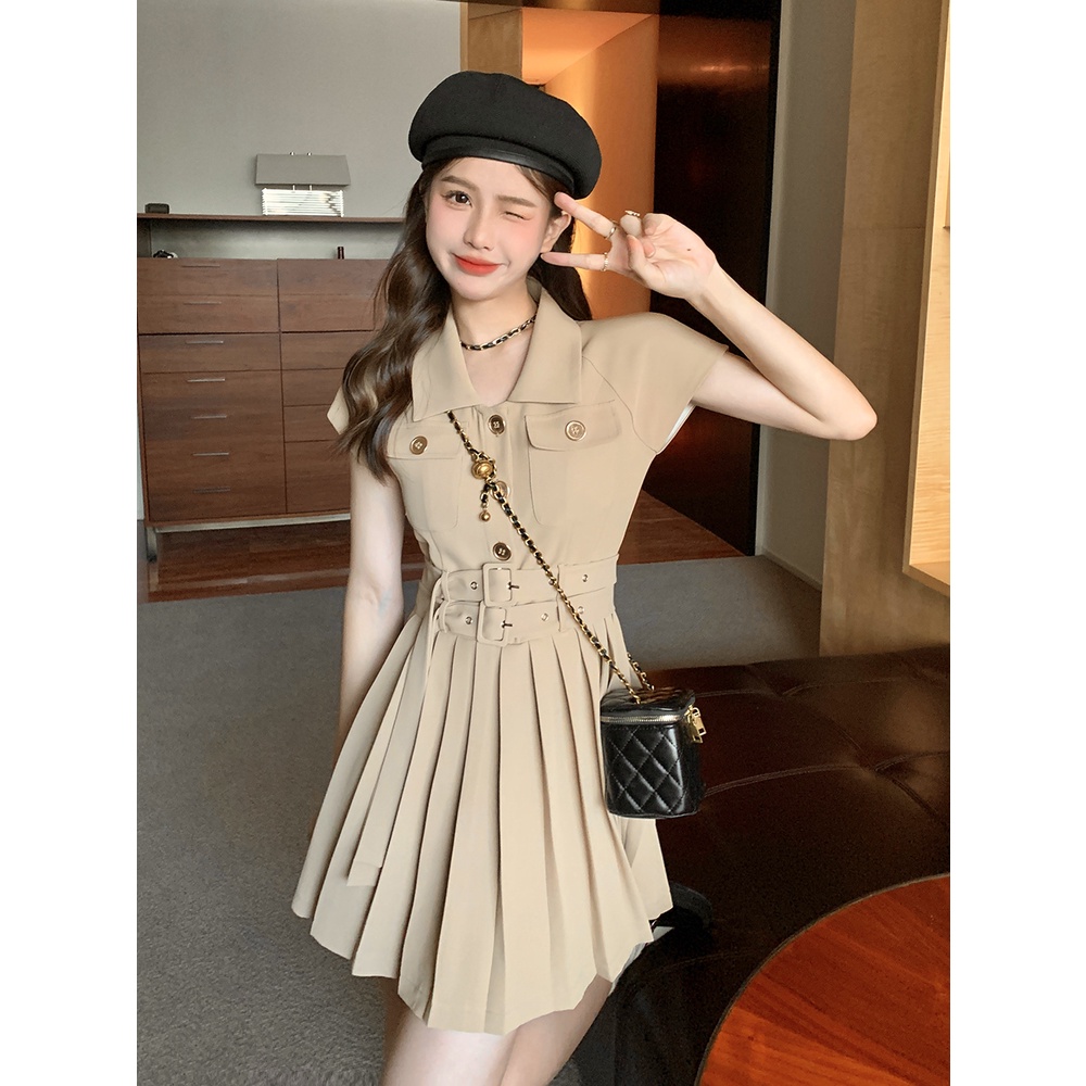 Đầm Ngắn Tay Xếp Ly Phối Thắt Lưng Thời Trang Dành Cho Nữ