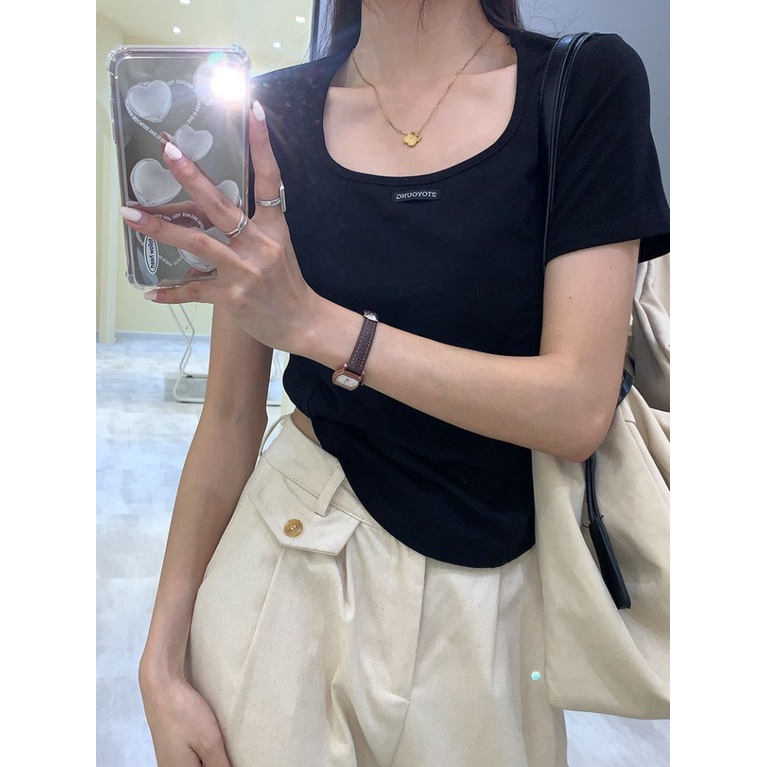 Áo Thun Ngắn Tay Cổ Vuông Viền Cong Thời Trang Retro Cho Nữ