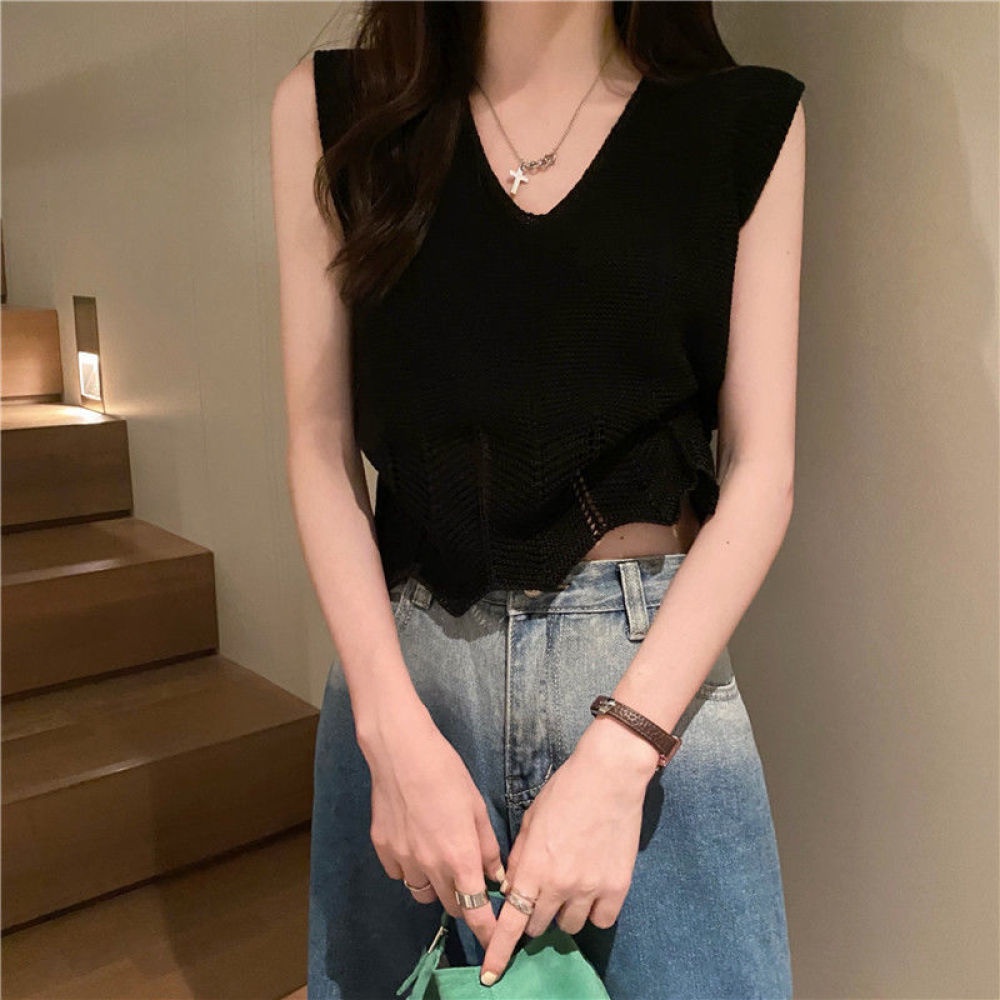 Áo Dệt Kim Sát Nách Dáng Rộng Cổ Chữ V Khoét Sâu Phong Cách Hàn Quốc Thời Trang Mùa Hè Cho Nữ