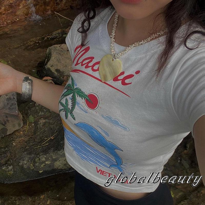 Áo Thun Crop Top Tay Ngắn Cổ Tròn In Chữ Thời Trang Mùa Hè Dành Cho Nữ