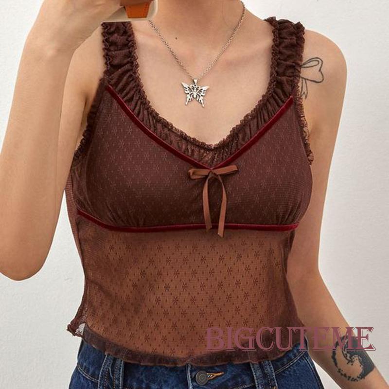 [] Áo Crop Top Lưới Mỏng Không Tay In Hoa Cổ Xẻ Tà Ôm Dáng Vừa Vặn Cho Nữ