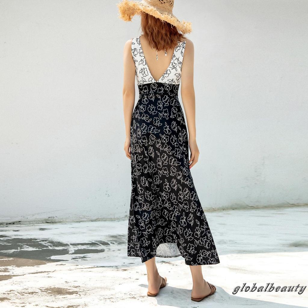 Đầm Dài Không Tay Cổ Chữ V Hở Lưng In Họa Tiết Hoa Dành Cho Nữ Dự Tiệc Cocktail