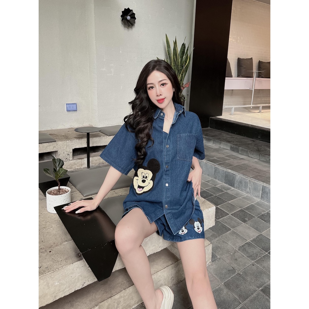 Set jean sơ mi đùi mickey