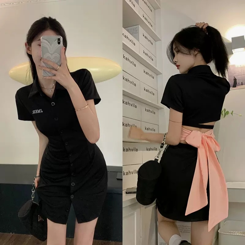 Đầm Đen Cổ Polo Thắt Nơ Sau Lưng Thời Trang Mùa Hè Quyến Rũ Cho Nữ