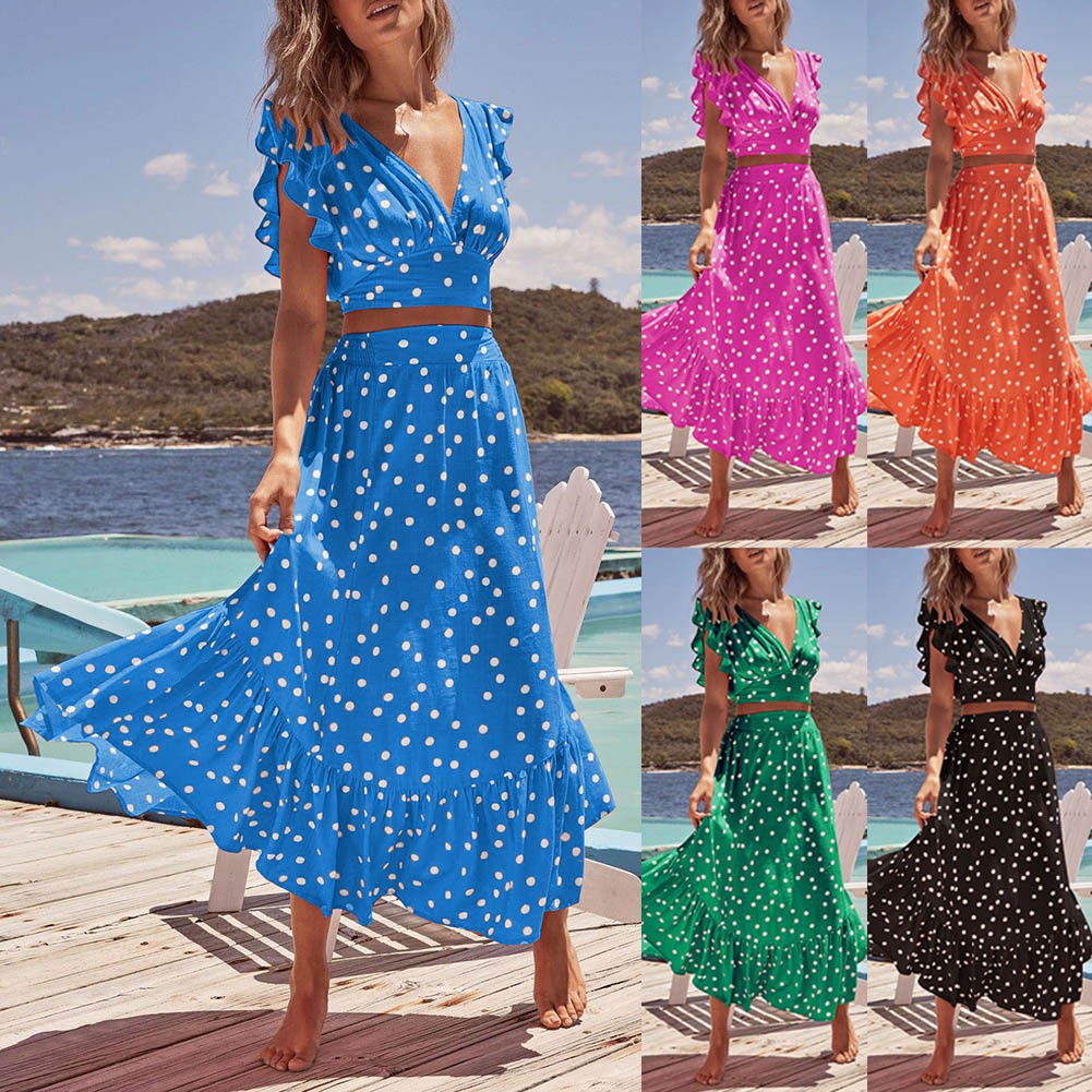 Bộ Áo Croptop 2 Dây + Chân Váy Lưng Thun Họa Tiết Chấm Bi Thời Trang Đi Biển Quyến Rũ Cho Nữ MM0503