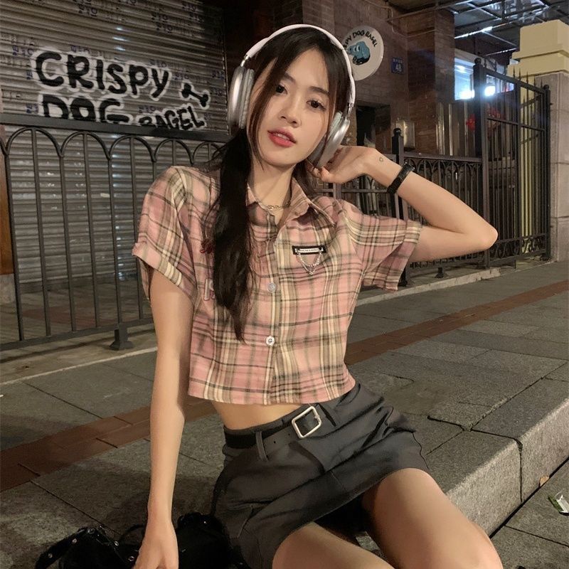 COZOK Áo Sơ Mi Ngắn Tay Dáng Ôm Hoa Văn Kẻ Ô Phong Cách vintage Thời Trang