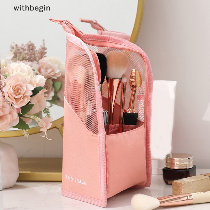 Túi Đựng Cọ Trang Điểm / Mỹ Phẩm Đứng Trong Suốt Có Khóa Kéo Mang Đi Du Lịch Tiện Lợi