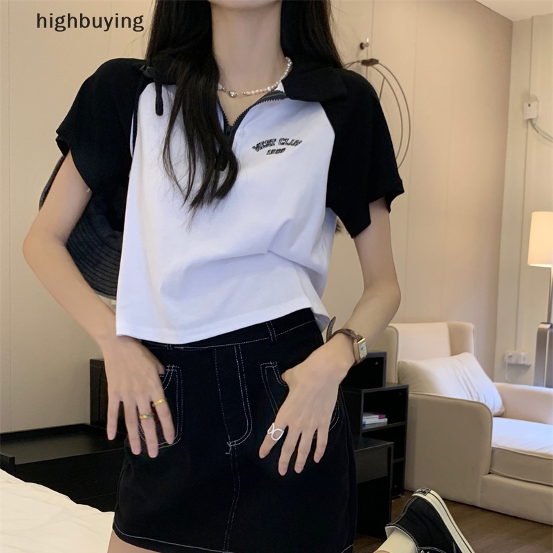 Áo Thun Lửng Tay Ngắn Màu Sắc Tương Phản Phong Cách Retro Cho Nữ