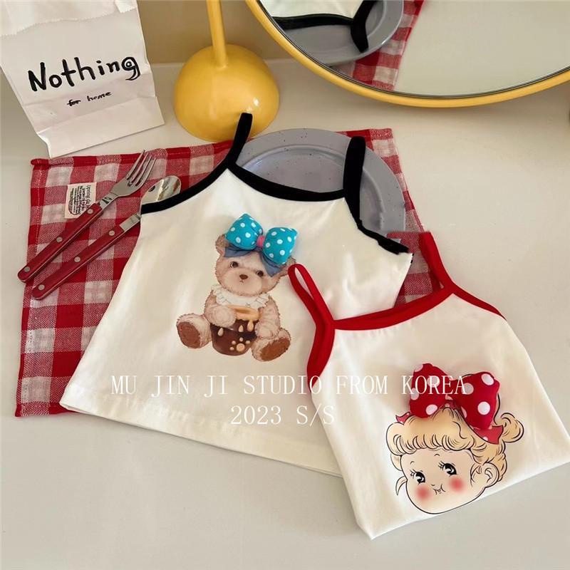 Áo Hai Dây Cotton Trơn Đính Nơ Ba Chiều Dễ Thương Thời Trang Mùa Hè Hàn Quốc 2023 Cho Bé Gái