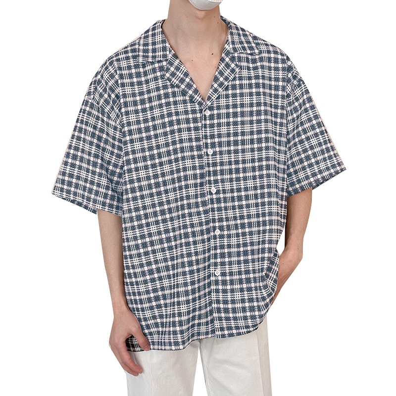 INCERUN Áo Sơ Mi Tay Ngắn Họa Tiết Sọc Caro Thời Trang Cho Nam