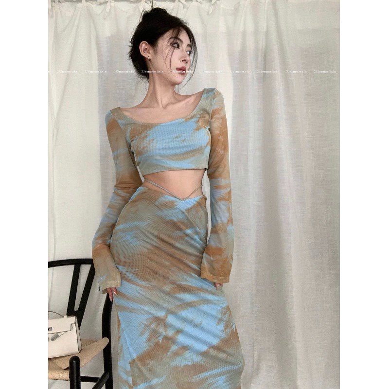 Set Áo Hai Dây + Chân Váy Họa Tiết Tranh Sơn Dầu Nhiều Màu Sắc Thời Trang Mùa