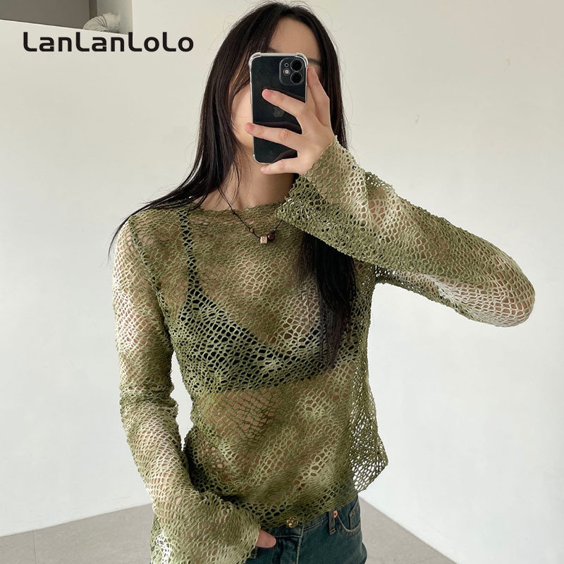 Áo lưới rỗng LanLanLoLo tay dài cổ tròn màu trơn thời trang mùa hè 2023 cho nữ