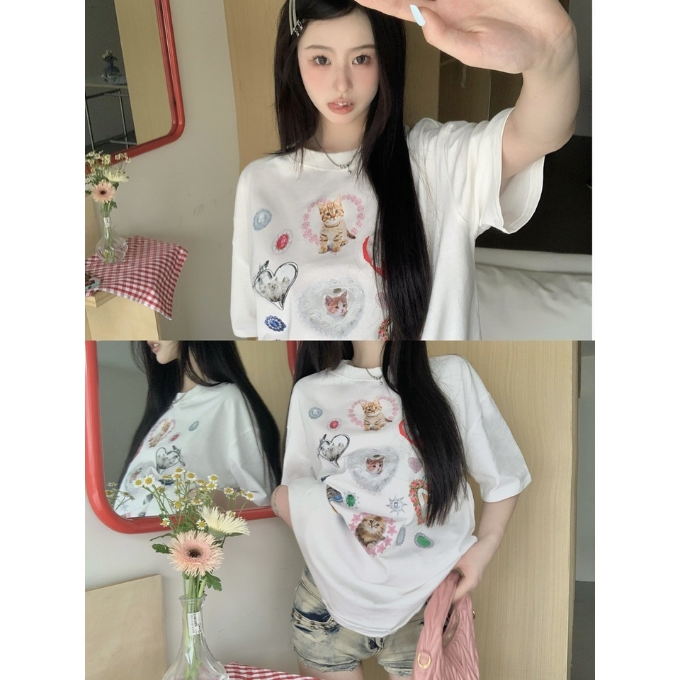 Áo Thun Dáng Rộng In Hình Chó Mèo Dễ Thương Thời Trang Mùa Hè Cho Nữ