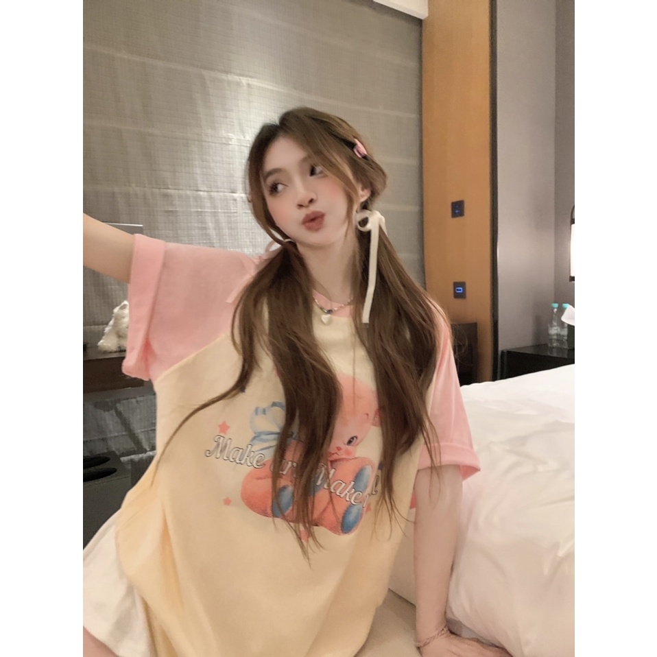 Áo Thun Tay Ngắn Cổ Tròn In Hình Gấu Dễ Thương Phong Cách vintage Dành Cho Nữ