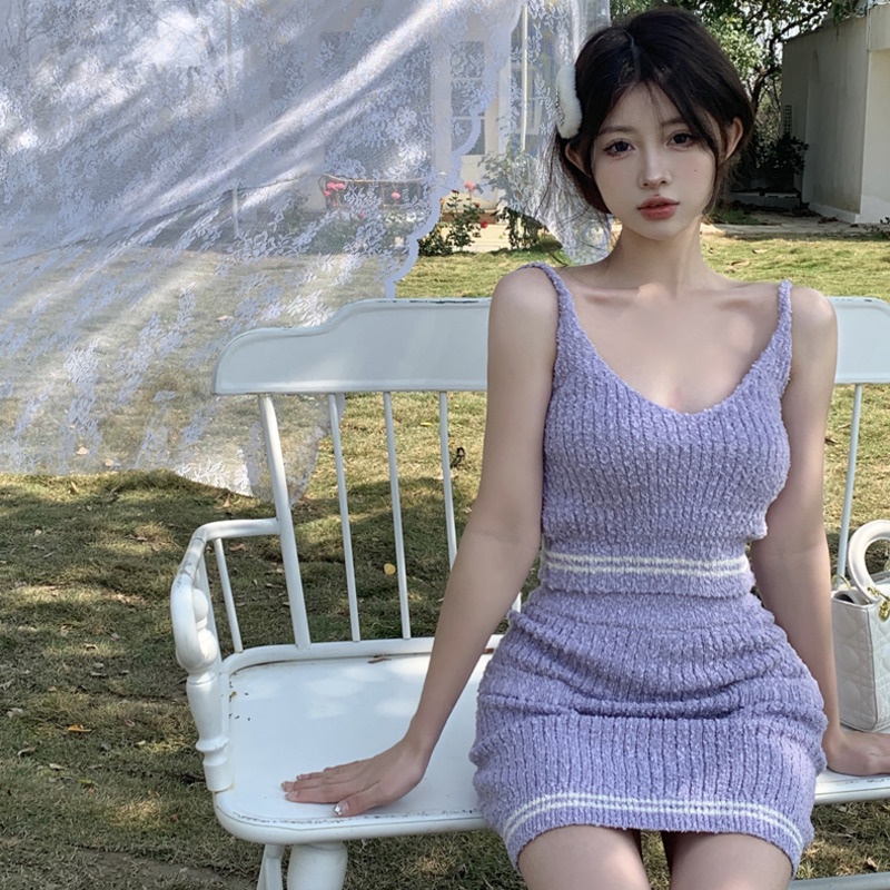 Set Áo Hai Dây + Chân Váy Dệt Kim Đơn Giản Thời Trang Cho Nữ