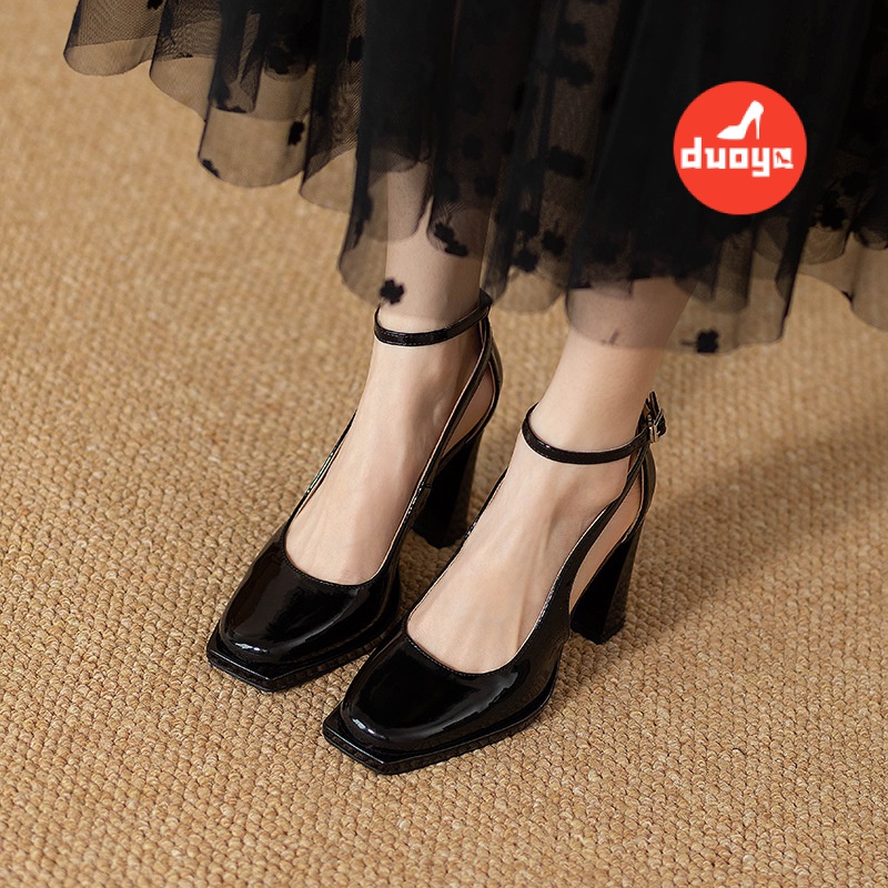 Duoya Tóc Thẳng ~ [Hàng Có Sẵn] Giày Sandal Cao Gót Đế Dày Mũi Vuông Chống Nước Có Dây Đeo Cho Nữ Miễn Phí Vận Chuyển