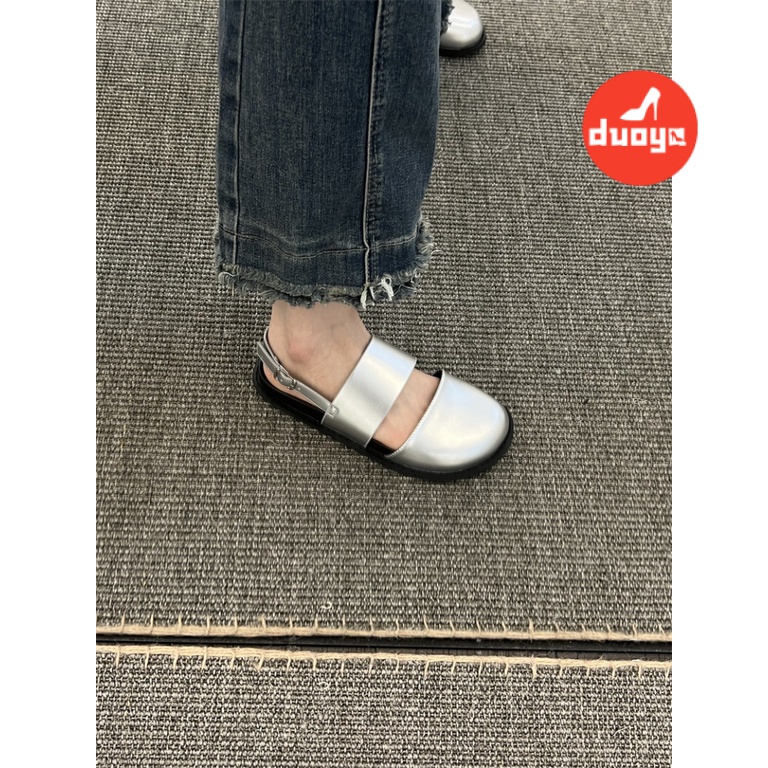 Duoya Tóc Thẳng ~ [Hàng Có Sẵn] Dép Muller Đế Phẳng Dày Hở Ngón Quai Dây Cài Khóa Sau Dành Cho Bạn Nữ Miễn Phí Vận Chuyển