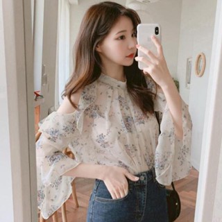 Áo Chiffon Cổ Tròn Tay Loe Hở Vai Thời Trang Dành Cho Nữ